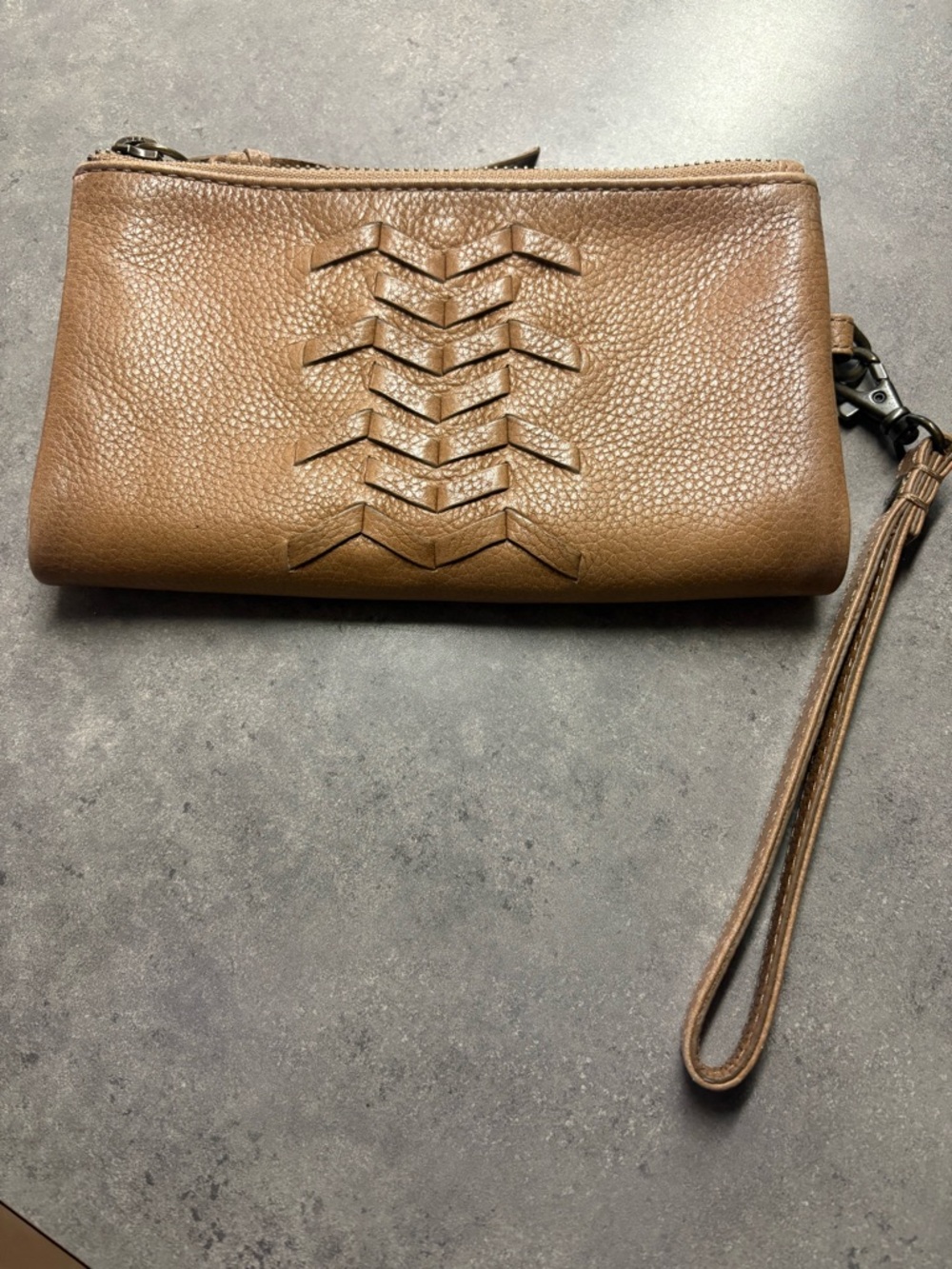 Frye Brown Leather Woven Chevron Wristlet Clutch